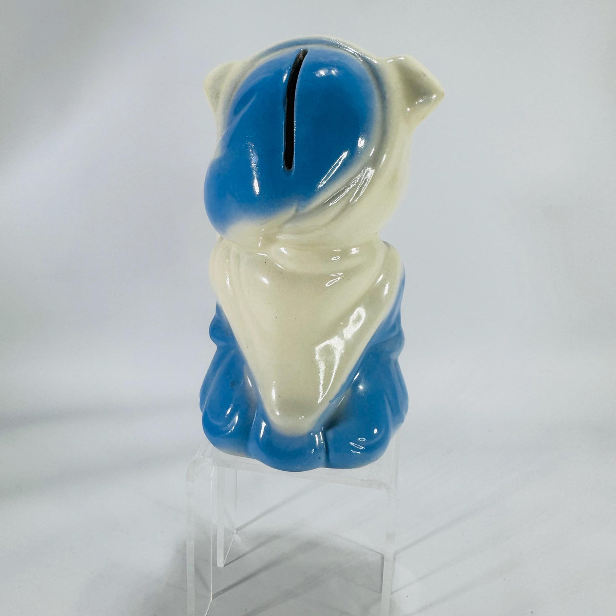 Vintage Ceramic Piggy Bank – Cream & Blue Piglet Coin Bank, Mid-Century Kitsch, 7″ Tall, Pig Lover Collectible