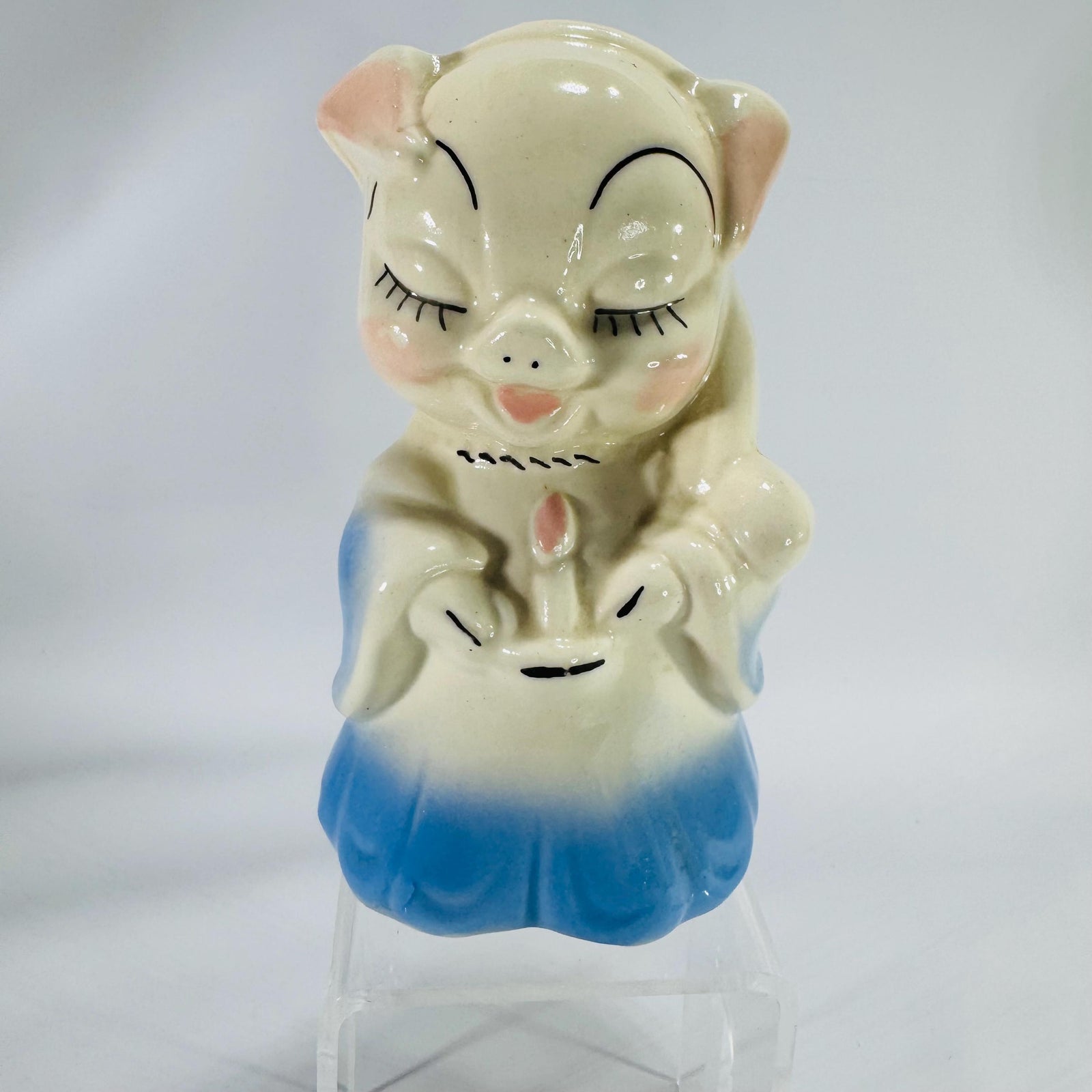 Vintage Ceramic Piggy Bank – Cream & Blue Piglet Coin Bank, Mid-Century Kitsch, 7″ Tall, Pig Lover Collectible