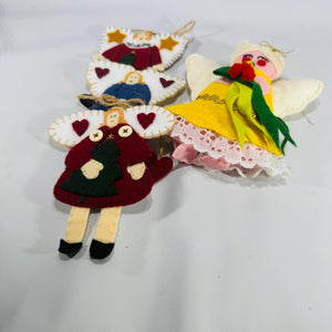 Set of 4 Handmade Felt Angel Ornaments – 1970s-90s Folk Art, 3 Flat 5x4 & 1 Plush 6", Primitive Christmas Decor, Holiday Kitch