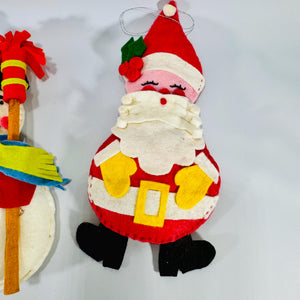 Handmade Felt Santa & Snowman Ornaments – Large 8.6" Folk-Art Pair, Stuffed Primitive Christmas Décor, 1970s-90s Craft Holiday Cottagecore