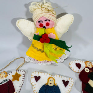 Set of 4 Handmade Felt Angel Ornaments – 1970s-90s Folk Art, 3 Flat 5x4 & 1 Plush 6", Primitive Christmas Decor, Holiday Kitch