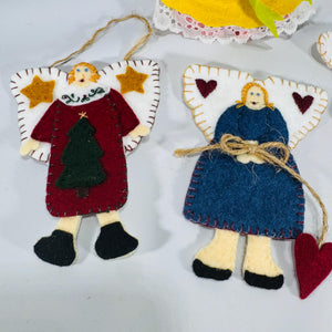 Set of 4 Handmade Felt Angel Ornaments – 1970s-90s Folk Art, 3 Flat 5x4 & 1 Plush 6", Primitive Christmas Decor, Holiday Kitch