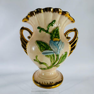Hull Art Pottery Vase H-6-6.5 USA with Blue Flowers & Gold Trim, Vintage Mid Century Ceramic Floral Urn, Collectible Home Decor Gift