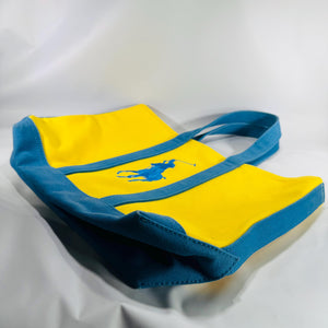 Ralph Lauren Polo Big Pony Tote Bag – Yellow & Teal Canvas 16x11, Y2K Era Large Carryall, Preppy Beach Bag Perfect for the Stylish Booklover