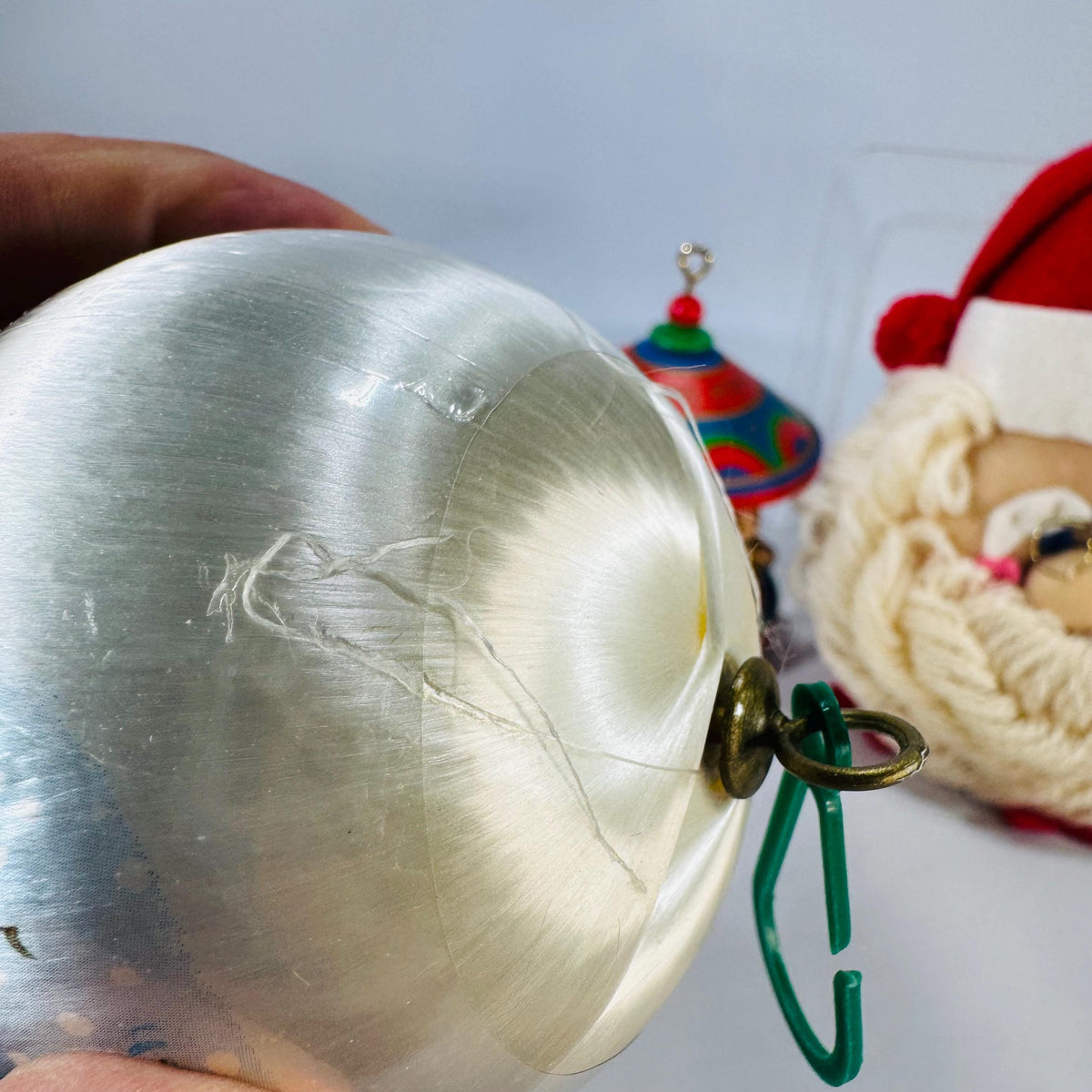 Vintage Christmas Ornaments Trio: 1979 Hallmark Wood Carousel, 1980 Current Satin Cat Ball, Plush Yarn Santa Face | Retro Tree Decor