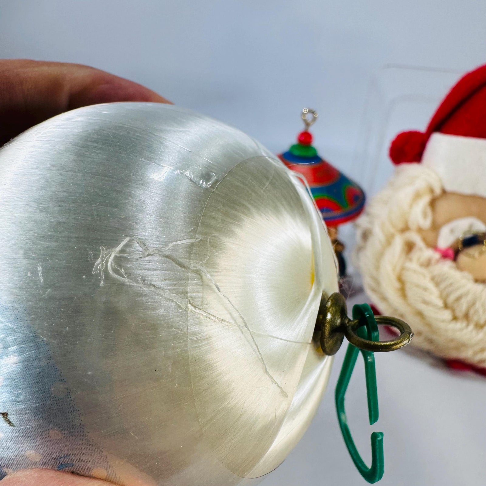 Vintage Christmas Ornaments Trio: 1979 Hallmark Wood Carousel, 1980 Current Satin Cat Ball, Plush Yarn Santa Face | Retro Tree Decor