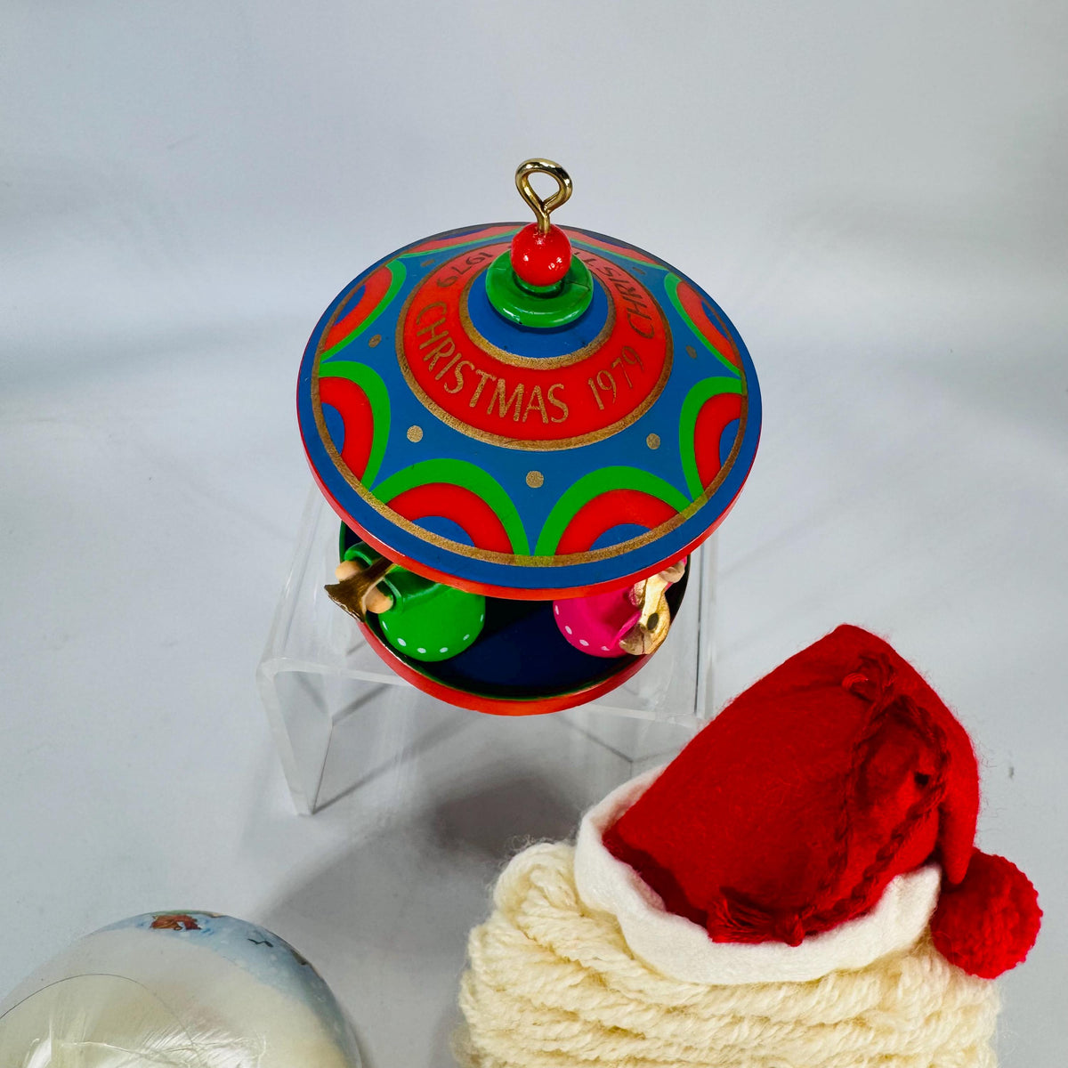 Vintage Christmas Ornaments Trio: 1979 Hallmark Wood Carousel, 1980 Current Satin Cat Ball, Plush Yarn Santa Face | Retro Tree Decor