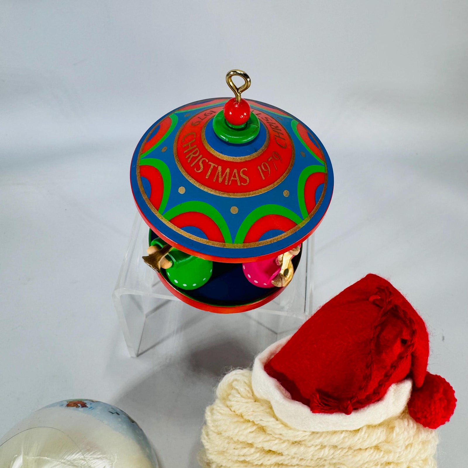 Vintage Christmas Ornaments Trio: 1979 Hallmark Wood Carousel, 1980 Current Satin Cat Ball, Plush Yarn Santa Face | Retro Tree Decor