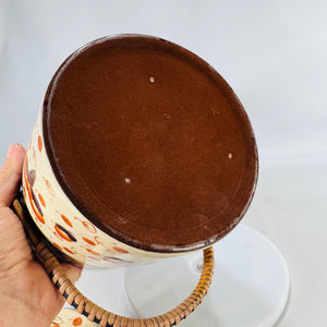 Vintage Imari Style Biscuit Barrel | Japanese Ceramic Cookie Jar | Black, Orange & Gold | Wood/Rattan Handle 5.5" Mid Century Kitchen Decor