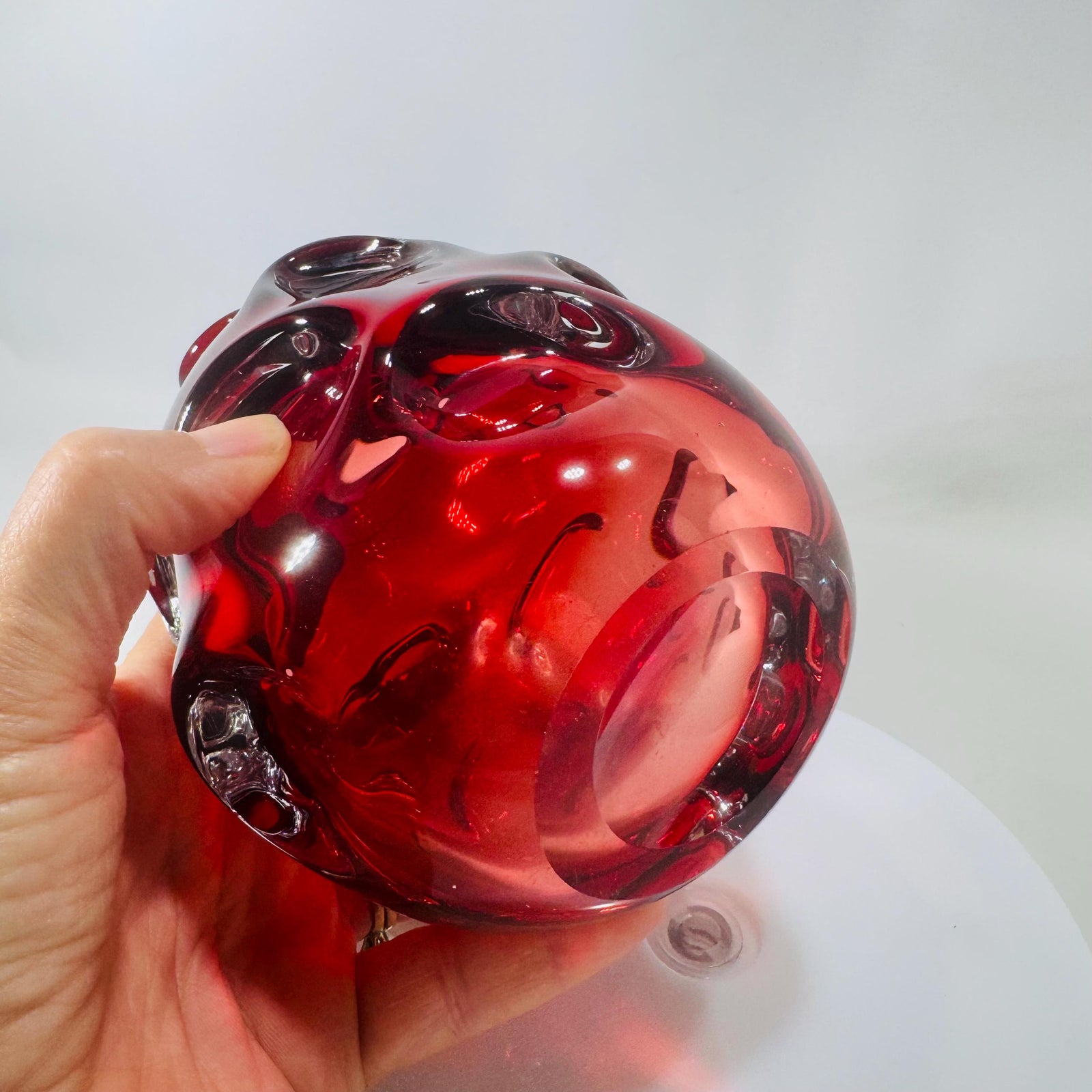 Bo Borgström for Åseda | Ruby Red Art Glass Decanter w/ Clear Stopper | Knobbly Swirls, Sommerso Base | Swedish MCM | Bold Mid-Century