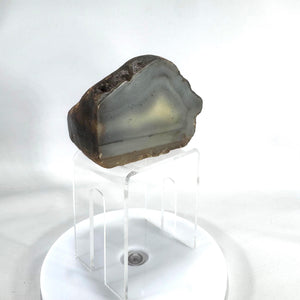 Landscape Agate Display Stone |Polished “Picture” Agate Slice |5" Desk Specimen, 1.5 lb |Gray Cream Bands |Natural Mineral Decor|Paperweight