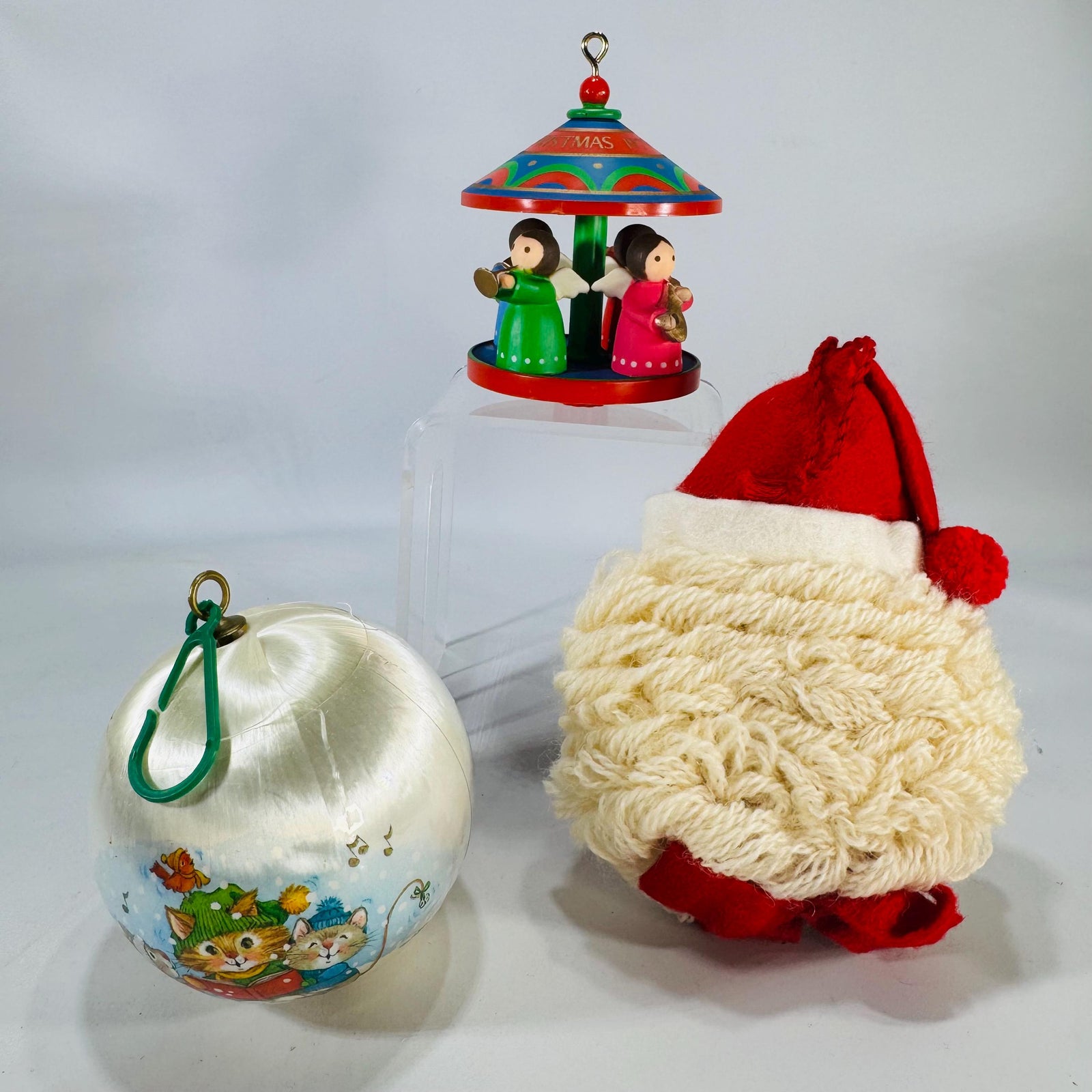 Vintage Christmas Ornaments Trio: 1979 Hallmark Wood Carousel, 1980 Current Satin Cat Ball, Plush Yarn Santa Face | Retro Tree Decor