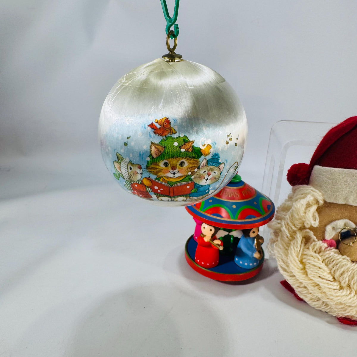 Vintage Christmas Ornaments Trio: 1979 Hallmark Wood Carousel, 1980 Current Satin Cat Ball, Plush Yarn Santa Face | Retro Tree Decor