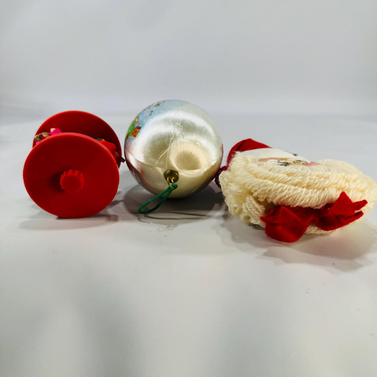 Vintage Christmas Ornaments Trio: 1979 Hallmark Wood Carousel, 1980 Current Satin Cat Ball, Plush Yarn Santa Face | Retro Tree Decor