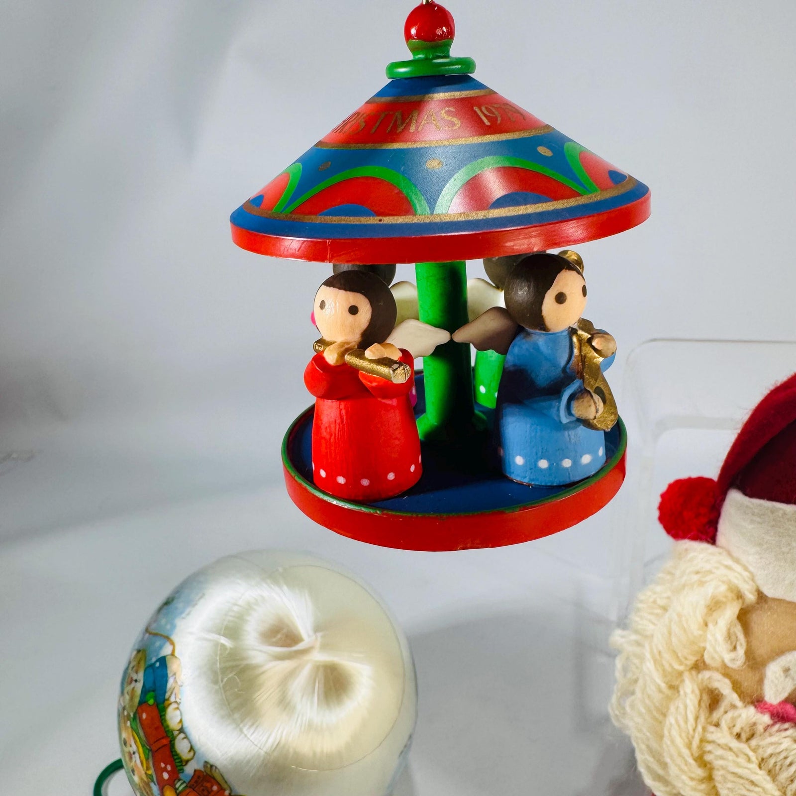 Vintage Christmas Ornaments Trio: 1979 Hallmark Wood Carousel, 1980 Current Satin Cat Ball, Plush Yarn Santa Face | Retro Tree Decor