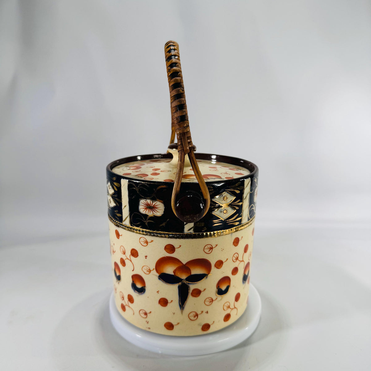 Vintage Imari Style Biscuit Barrel | Japanese Ceramic Cookie Jar | Black, Orange & Gold | Wood/Rattan Handle 5.5" Mid Century Kitchen Decor