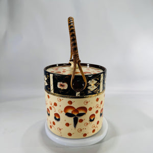 Vintage Imari Style Biscuit Barrel | Japanese Ceramic Cookie Jar | Black, Orange & Gold | Wood/Rattan Handle 5.5" Mid Century Kitchen Decor