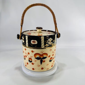 Vintage Imari Style Biscuit Barrel | Japanese Ceramic Cookie Jar | Black, Orange & Gold | Wood/Rattan Handle 5.5" Mid Century Kitchen Decor