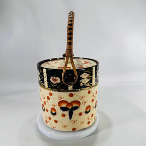 Vintage Imari Style Biscuit Barrel | Japanese Ceramic Cookie Jar | Black, Orange & Gold | Wood/Rattan Handle 5.5" Mid Century Kitchen Decor