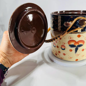 Vintage Imari Style Biscuit Barrel | Japanese Ceramic Cookie Jar | Black, Orange & Gold | Wood/Rattan Handle 5.5" Mid Century Kitchen Decor