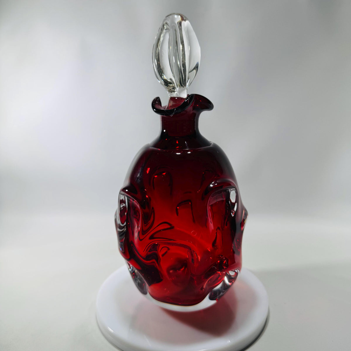 Bo Borgström for Åseda | Ruby Red Art Glass Decanter w/ Clear Stopper | Knobbly Swirls, Sommerso Base | Swedish MCM | Bold Mid-Century
