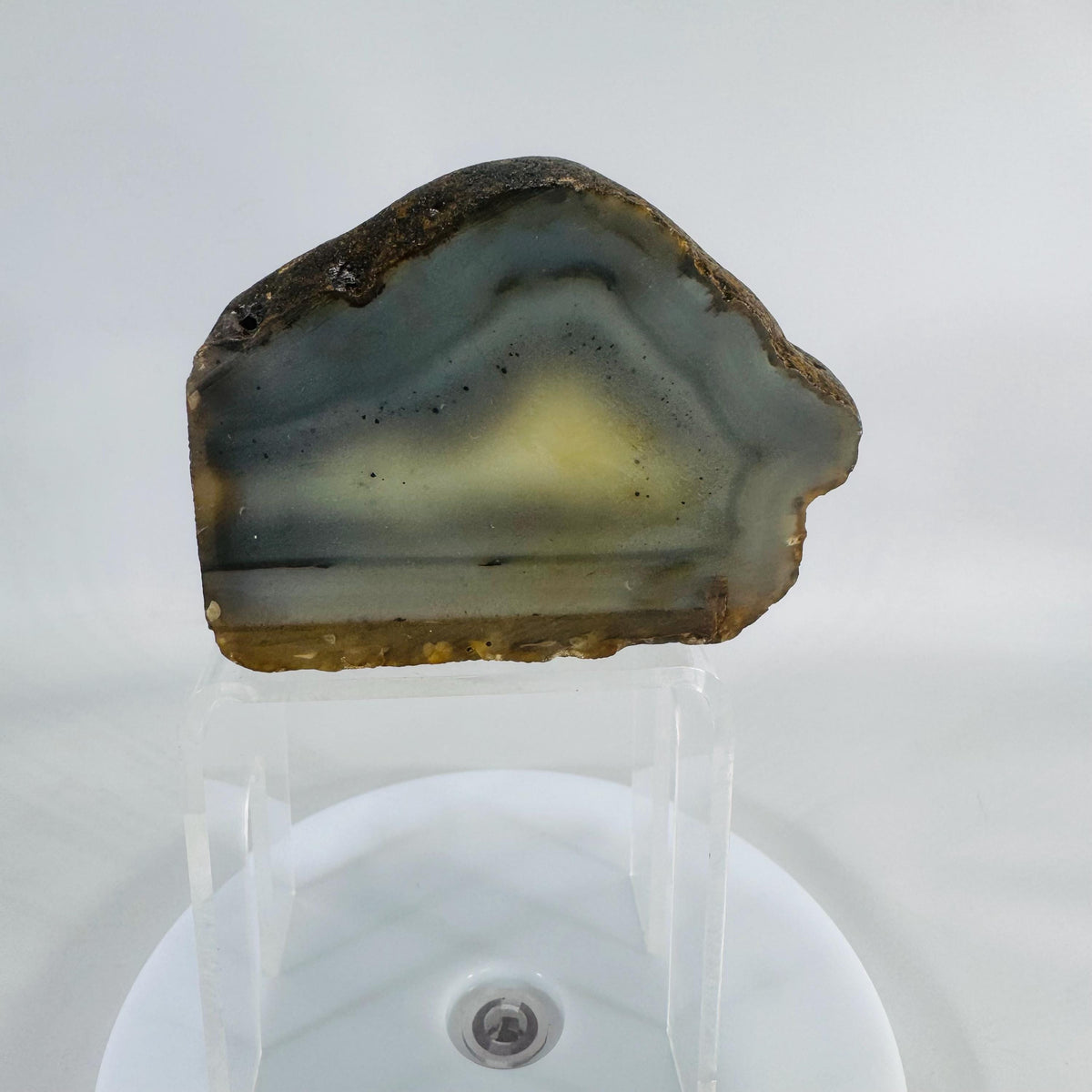 Landscape Agate Display Stone |Polished “Picture” Agate Slice |5" Desk Specimen, 1.5 lb |Gray Cream Bands |Natural Mineral Decor|Paperweight