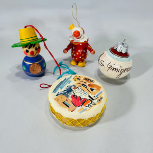 Lot of 4 Vintage World Travel Christmas Ornaments | Wood Clown, German Pfennig Doll, Taos Drum, Hand-Painted Poppy Ball | Estate Collection