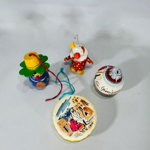 Lot of 4 Vintage World Travel Christmas Ornaments | Wood Clown, German Pfennig Doll, Taos Drum, Hand-Painted Poppy Ball | Estate Collection