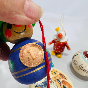 Lot of 4 Vintage World Travel Christmas Ornaments | Wood Clown, German Pfennig Doll, Taos Drum, Hand-Painted Poppy Ball | Estate Collection