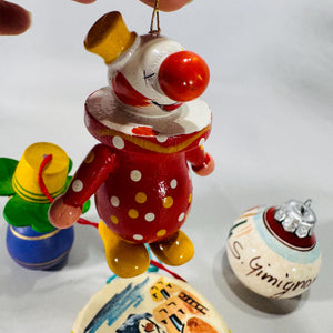Lot of 4 Vintage World Travel Christmas Ornaments | Wood Clown, German Pfennig Doll, Taos Drum, Hand-Painted Poppy Ball | Estate Collection