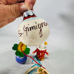 Lot of 4 Vintage World Travel Christmas Ornaments | Wood Clown, German Pfennig Doll, Taos Drum, Hand-Painted Poppy Ball | Estate Collection