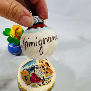 Lot of 4 Vintage World Travel Christmas Ornaments | Wood Clown, German Pfennig Doll, Taos Drum, Hand-Painted Poppy Ball | Estate Collection
