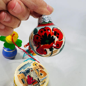 Lot of 4 Vintage World Travel Christmas Ornaments | Wood Clown, German Pfennig Doll, Taos Drum, Hand-Painted Poppy Ball | Estate Collection