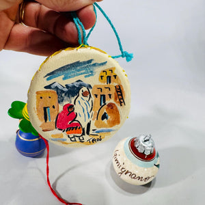 Lot of 4 Vintage World Travel Christmas Ornaments | Wood Clown, German Pfennig Doll, Taos Drum, Hand-Painted Poppy Ball | Estate Collection