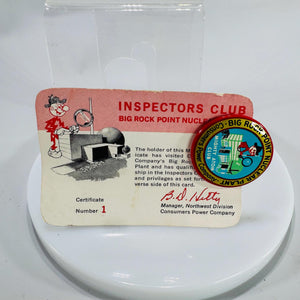 Vintage Big Rock Point Nuclear Plant Inspectors Club certificate with Mighty Atom Club pin from Consumers Power Company