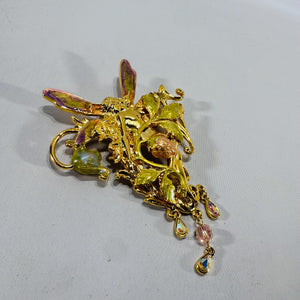Kirk’s Folly “Strawberry Queen” Fairy Brooch Pendant, Gold Tone Art Nouveau Fairy Pin, Iridescent Enamel Wings, Dangle Crystal Charms