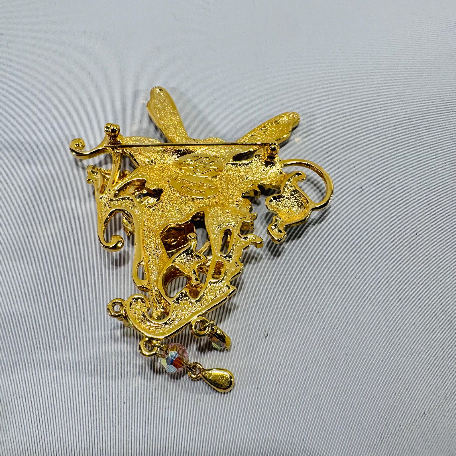 Kirk’s Folly “Strawberry Queen” Fairy Brooch Pendant, Gold Tone Art Nouveau Fairy Pin, Iridescent Enamel Wings, Dangle Crystal Charms