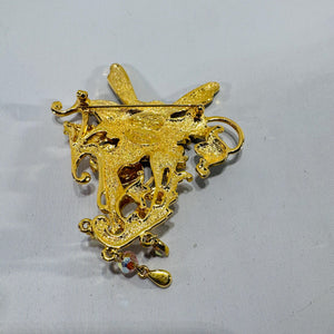 Kirk’s Folly “Strawberry Queen” Fairy Brooch Pendant, Gold Tone Art Nouveau Fairy Pin, Iridescent Enamel Wings, Dangle Crystal Charms