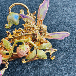 Kirk’s Folly “Strawberry Queen” Fairy Brooch Pendant, Gold Tone Art Nouveau Fairy Pin, Iridescent Enamel Wings, Dangle Crystal Charms