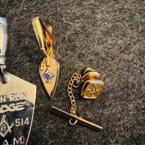 Vintage Masonic Freemason Accessories Lot–Birch Run Lodge No. 514 F AM Mini Trowel 3” Swank Trowel Tie Clip (1.5”) Tie Tack & Lapel Pins