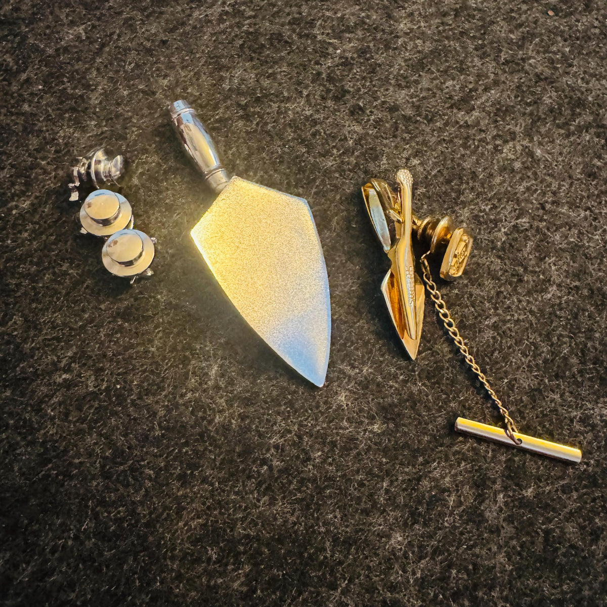 Vintage Masonic Freemason Accessories Lot–Birch Run Lodge No. 514 F AM Mini Trowel 3” Swank Trowel Tie Clip (1.5”) Tie Tack & Lapel Pins