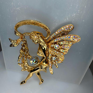 Signed Kirk’s Folly Fairy Godmother Brooch Pin, Gold Tone AB Rhinestone Wings, Iridescent Crystal Ball Orb, Dangling Stars Charms