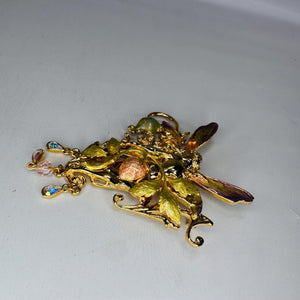 Kirk’s Folly “Strawberry Queen” Fairy Brooch Pendant, Gold Tone Art Nouveau Fairy Pin, Iridescent Enamel Wings, Dangle Crystal Charms