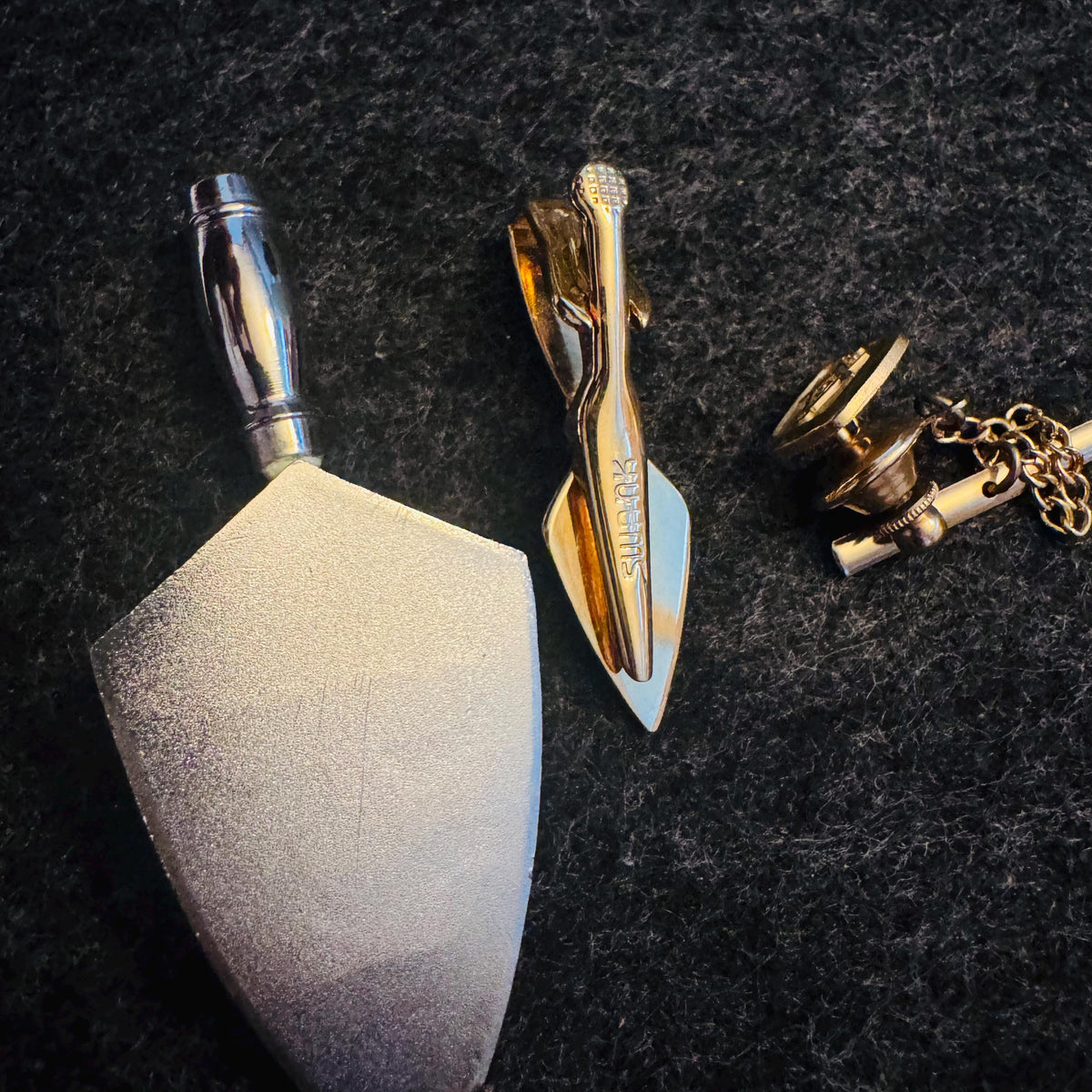 Vintage Masonic Freemason Accessories Lot–Birch Run Lodge No. 514 F AM Mini Trowel 3” Swank Trowel Tie Clip (1.5”) Tie Tack & Lapel Pins