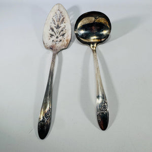 Vintage Oneida Community Tudor Plate Queen Bess II silver plate pie server and gravy ladle set with floral handle detail