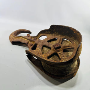 Vintage Cast Iron Barn Pulley with Hook | Rustic Farmhouse Industrial Decor | Heavy Spoked Wheel Farm Hardware
