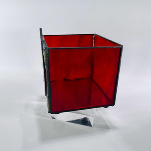 Stained Glass Moon & Star Box • 4×4×4 in Red Cube Candle Holder • Vintage Estate Find – Crescent Moon Shadow Box Décor