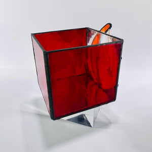 Stained Glass Moon & Star Box • 4×4×4 in Red Cube Candle Holder • Vintage Estate Find – Crescent Moon Shadow Box Décor