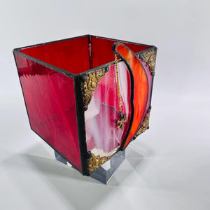 Stained Glass Moon & Star Box • 4×4×4 in Red Cube Candle Holder • Vintage Estate Find – Crescent Moon Shadow Box Décor