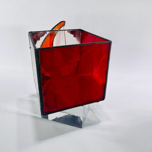 Stained Glass Moon & Star Box • 4×4×4 in Red Cube Candle Holder • Vintage Estate Find – Crescent Moon Shadow Box Décor